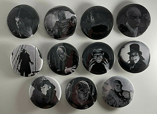 Classic Monsters 11 1.5” Button Set Dracula Frankenstein Universal Badge Pin Lot