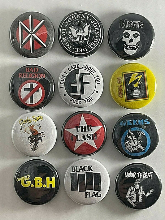 Punk Rock 1” 12 Button Set P004BS GBH Fear Ramones Misfits Germs Badge Pin Lot