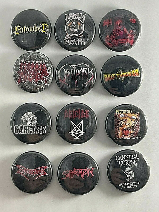 Death Metal 1” 12 Button Set D003BS Badge Pin Lot Obituary Carcass Morbid Angel