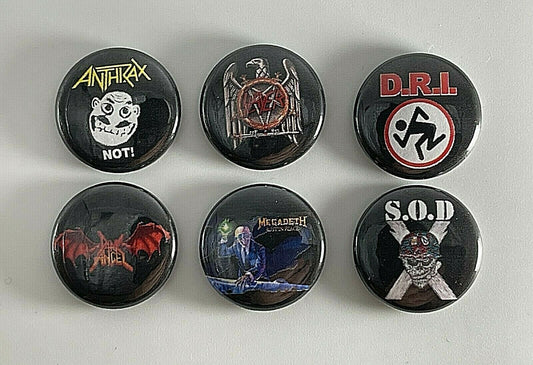 Thrash Metal 1” 6 Button Set T002BS Slayer Megadeth SOD DRI Badge Pin Lot