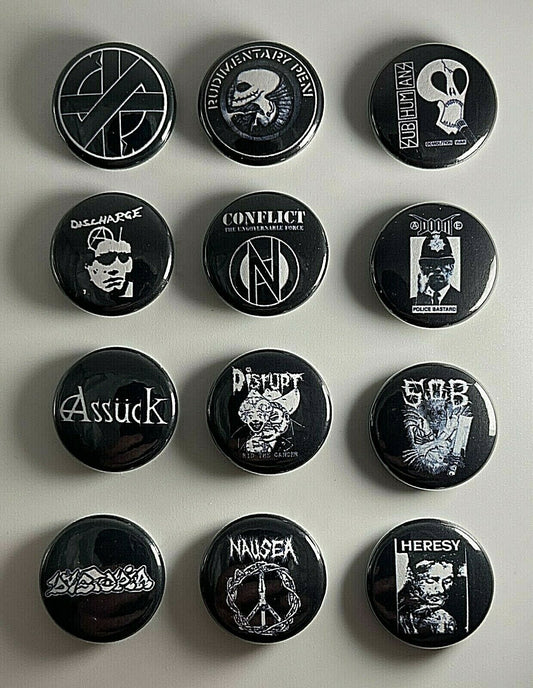 Punk Rock 1” 12 Button Set P006BS Discharge Dystopia Assuck Crass Badge Pin Lot